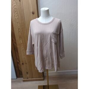 Andree by Unit Oversized Beige Striped 3/4 Sleeve Top Pocket S Small Textured